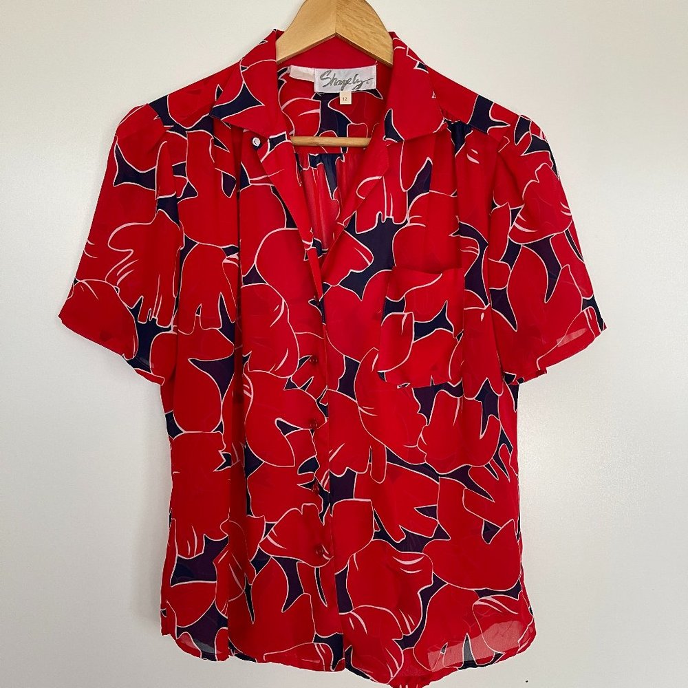 VTG Red White Blue Short Sleeve Collared Tropical Foliage Sheer Button Down 12